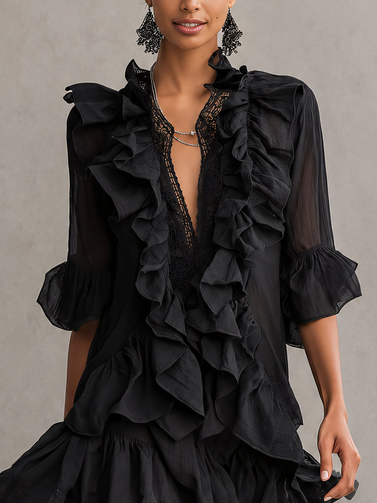 Black Chiffon Mini Dress with Ruffles