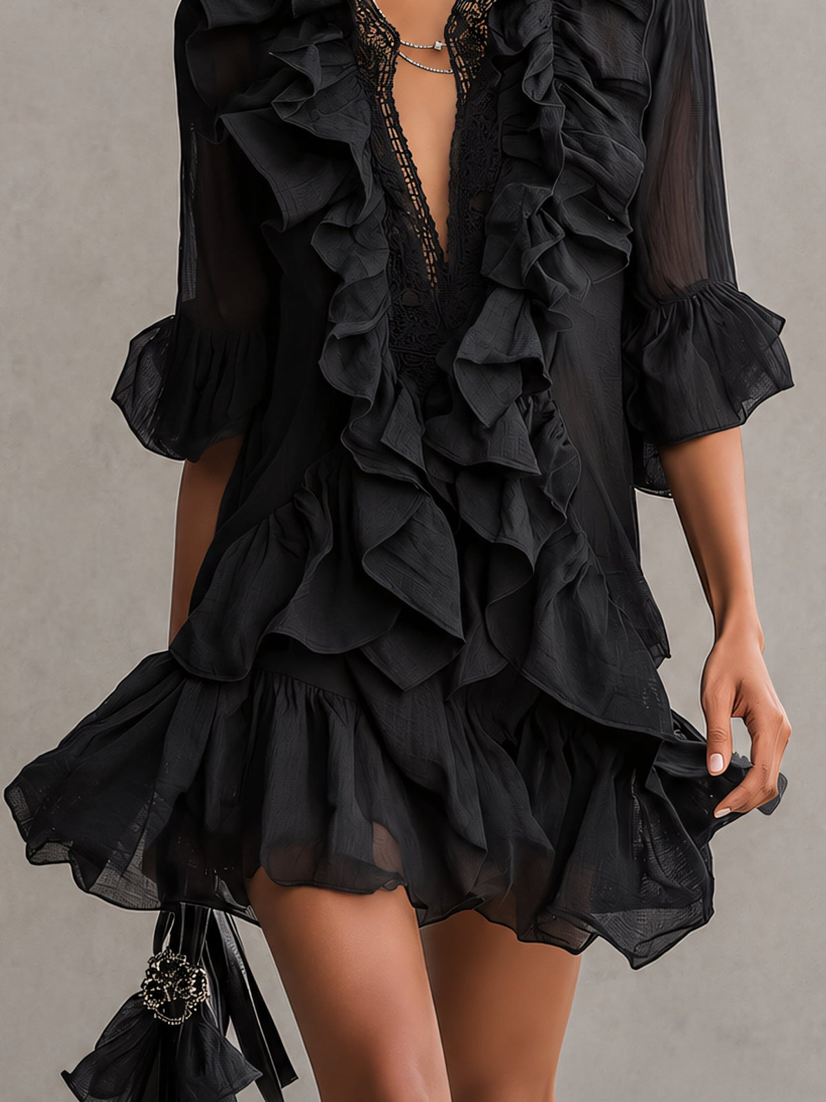 Black Chiffon Mini Dress with Ruffles