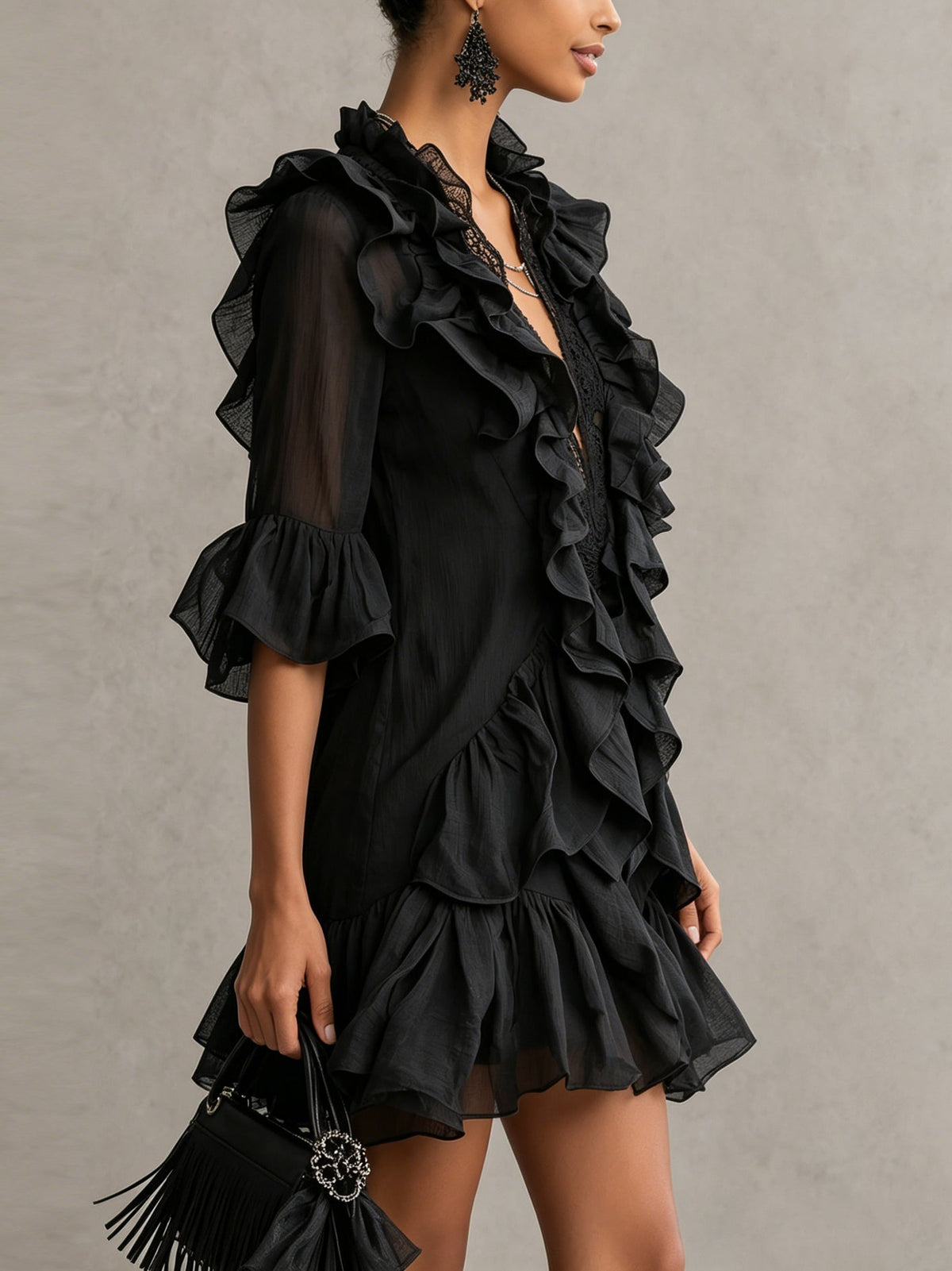 Black Chiffon Mini Dress with Ruffles