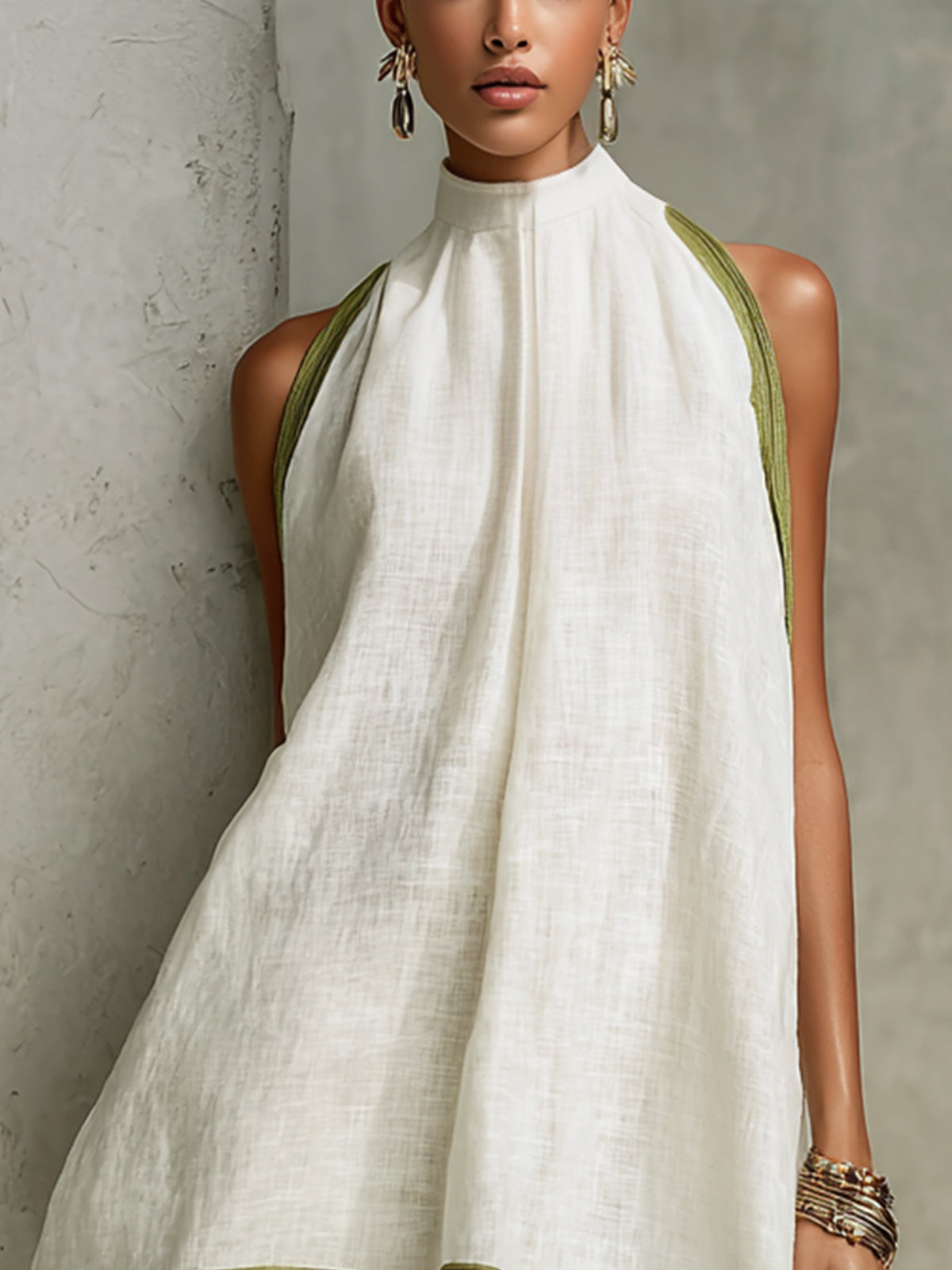 White and Olive Green Sleeveless Mini A-Line Dress with Flowers