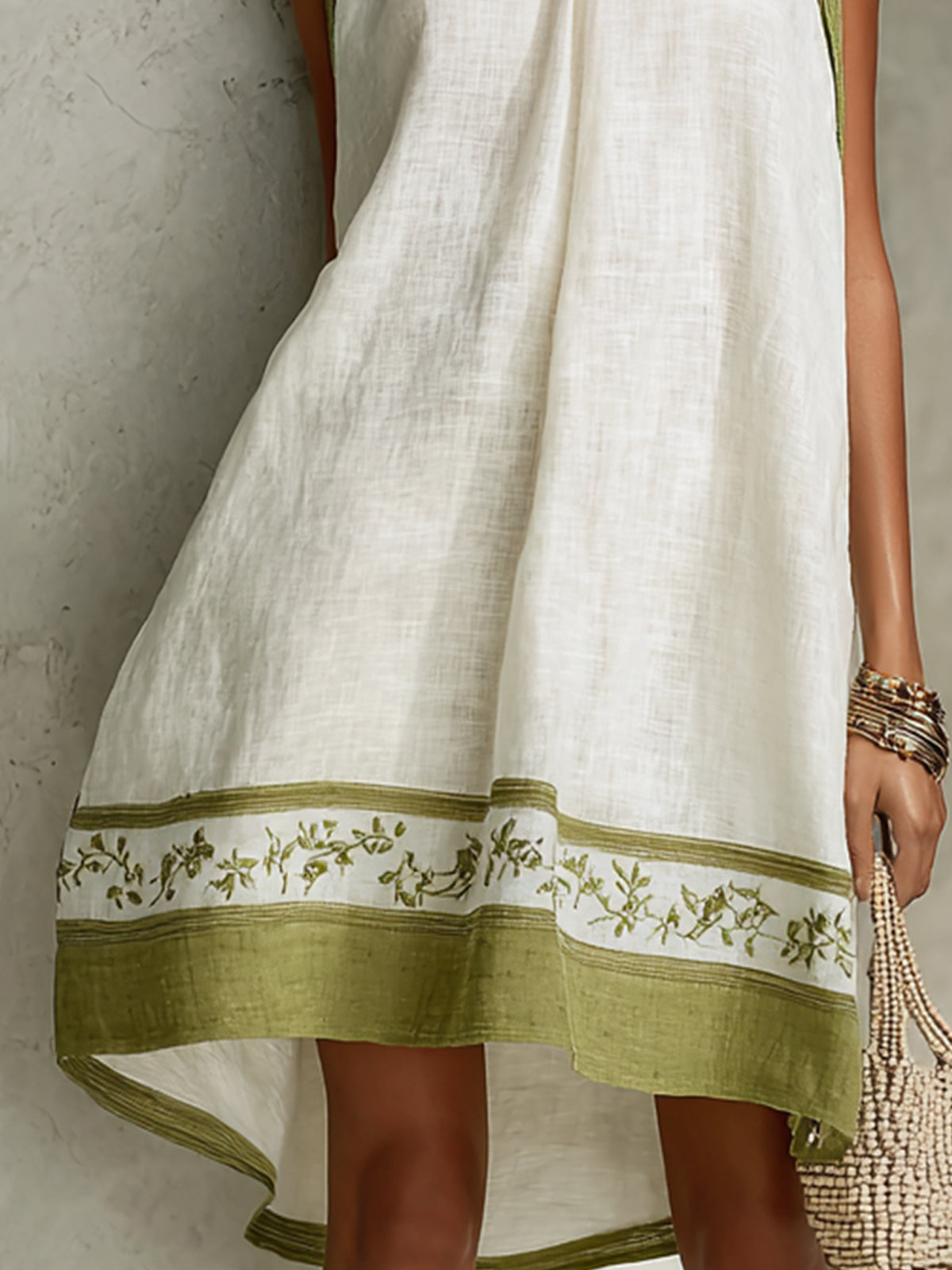 White and Olive Green Sleeveless Mini A-Line Dress with Flowers