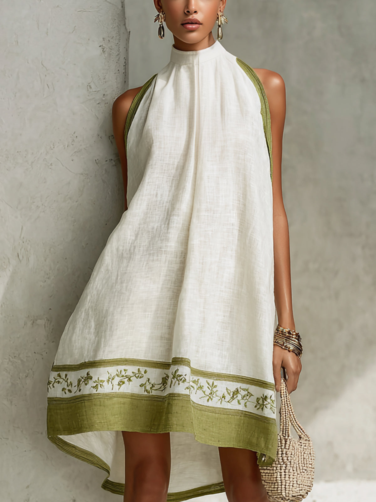 White and Olive Green Sleeveless Mini A-Line Dress with Flowers