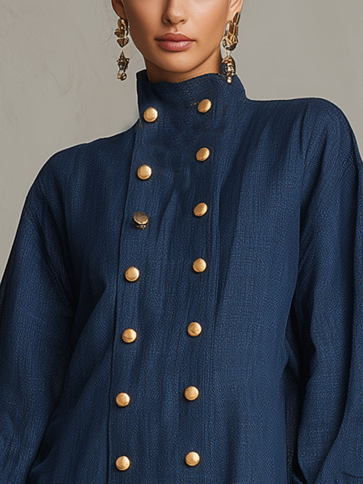 Navy Blue High Neck Mini Dress with Buttons and Ruffles