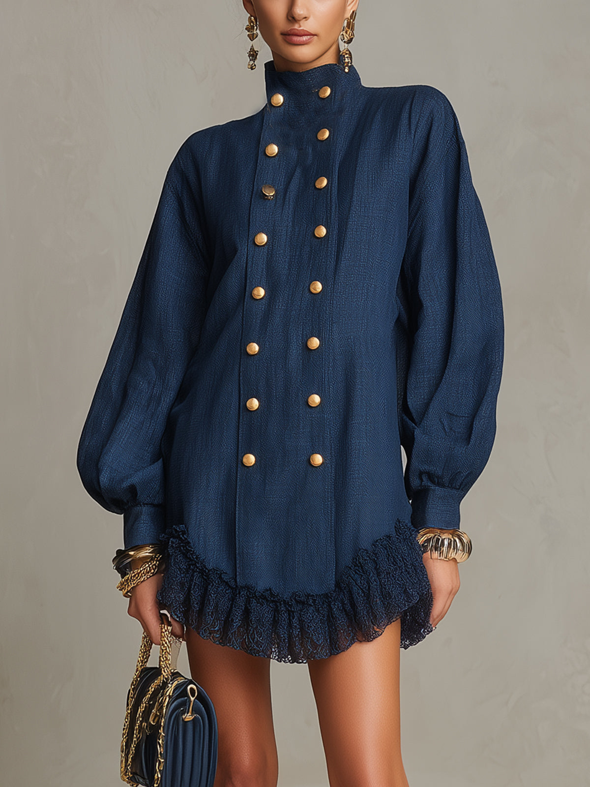 Navy Blue High Neck Mini Dress with Buttons and Ruffles