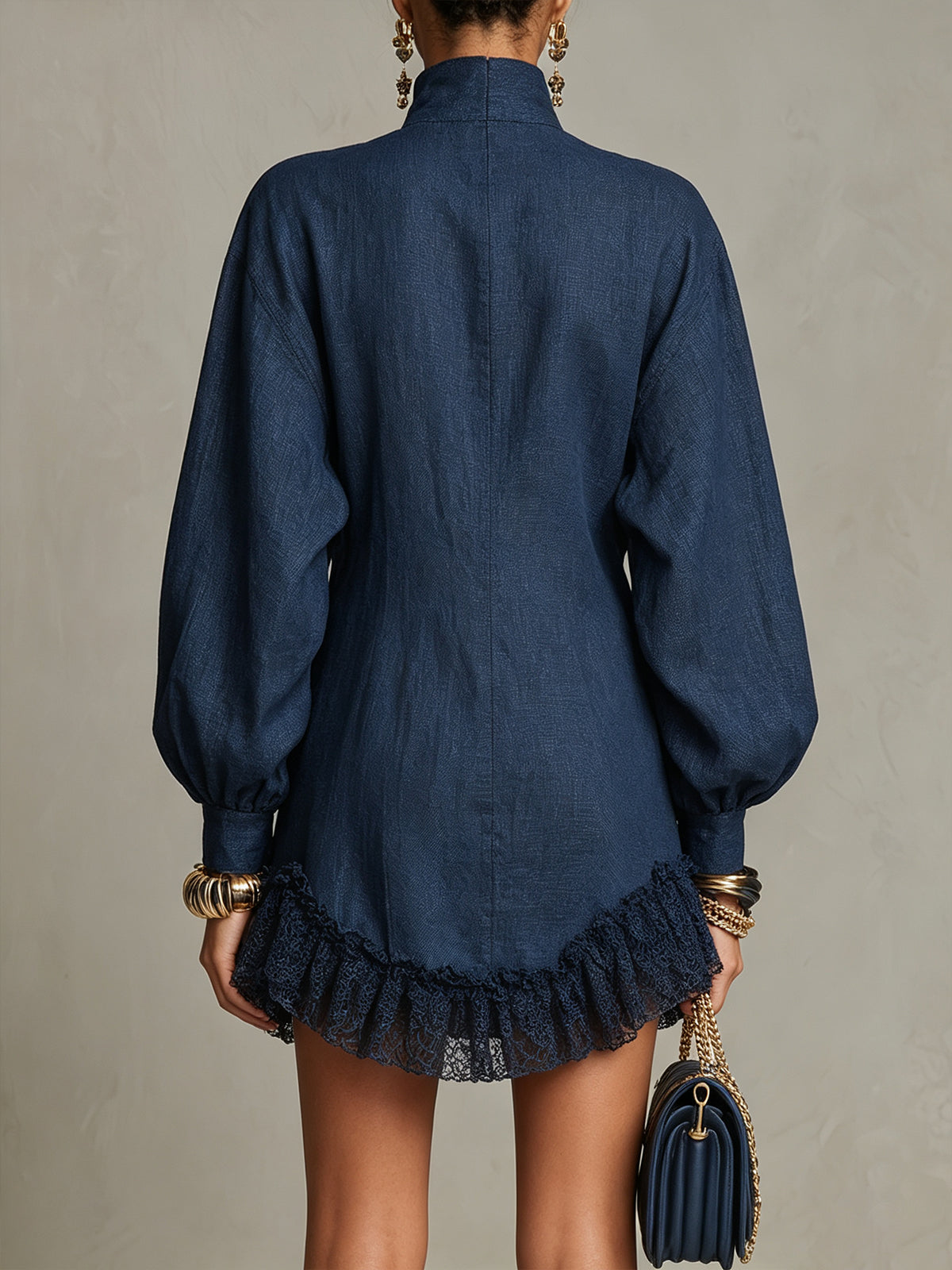 Navy Blue High Neck Mini Dress with Buttons and Ruffles
