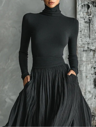Michela™ - Pleated Skirt and Black Long Sleeve Fitted T-Shirt Set