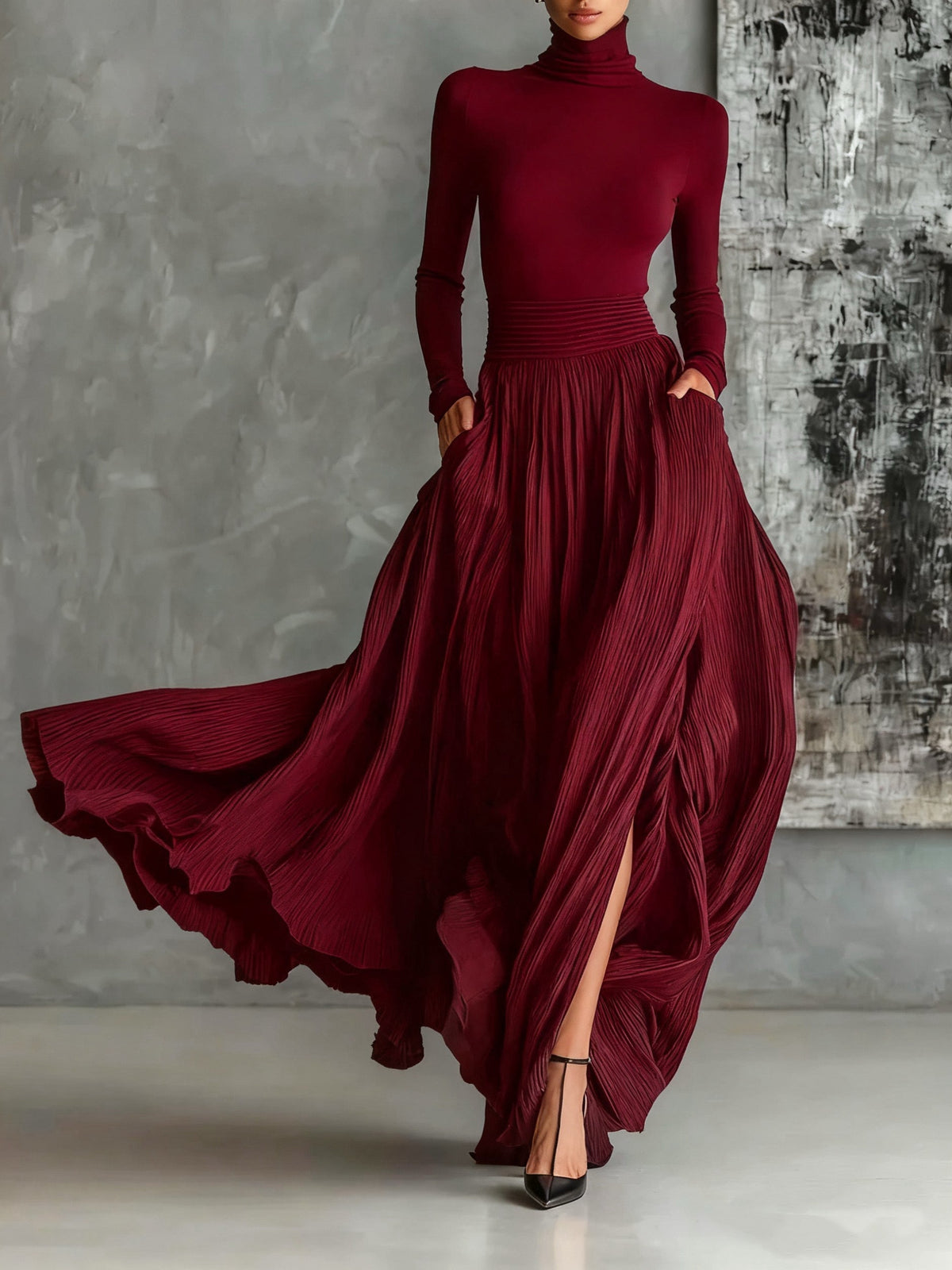 Michela™ - Pleated Skirt and Black Long Sleeve Fitted T-Shirt Set