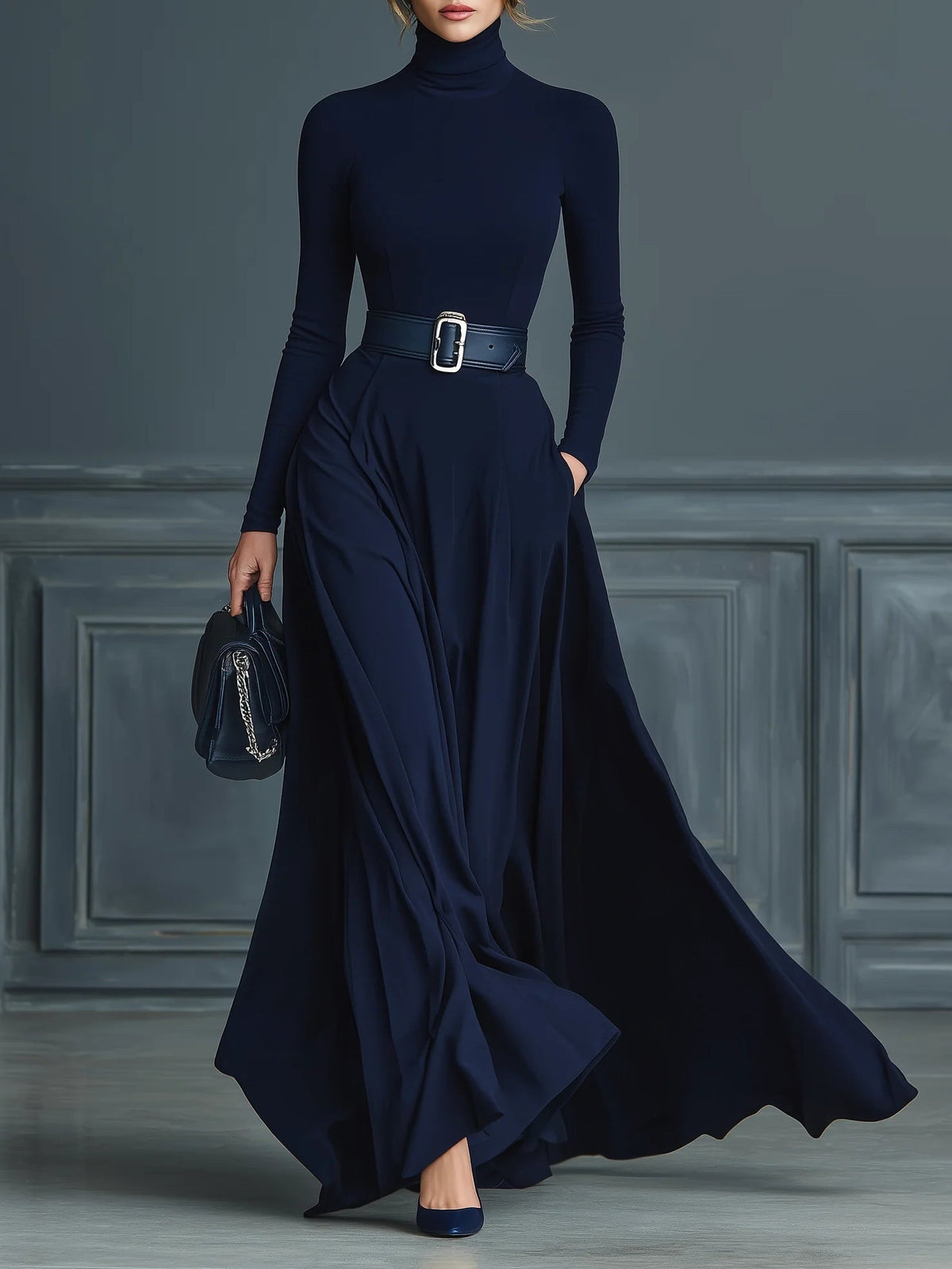 Francesca™ - Dark Blue Knitted Dress with High Neck