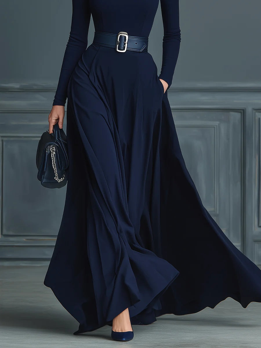 Francesca™ - Dark Blue Knitted Dress with High Neck