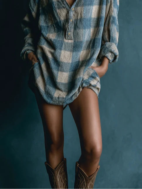 Long Sleeve Mini Dress with Blue and White Plaid Henley Collar
