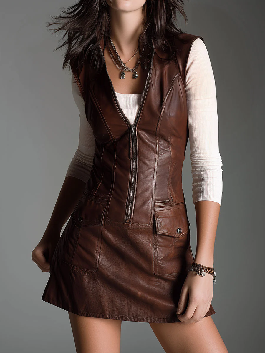Chocolate Brown Eco-Leather Mini Zip-Up Dress