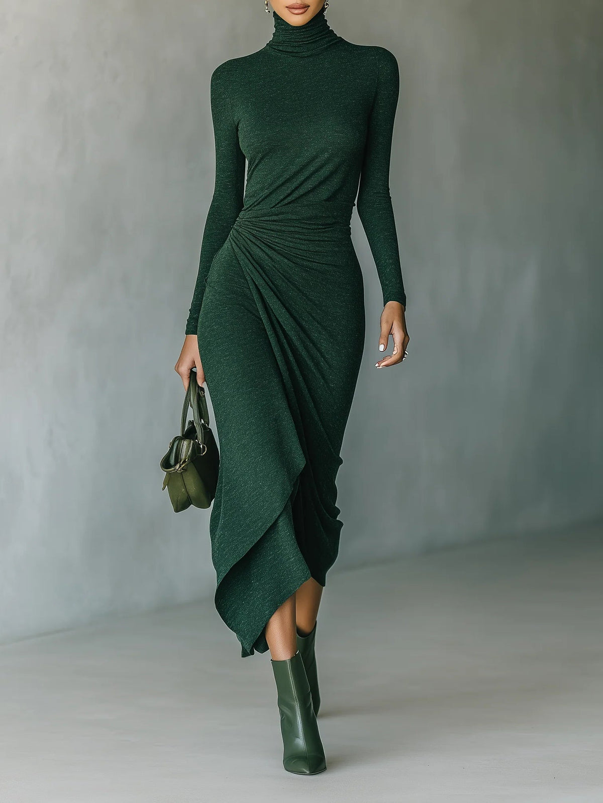 Lenora™ - Asymmetric wrap midi dress with pleats and high collar in dark green