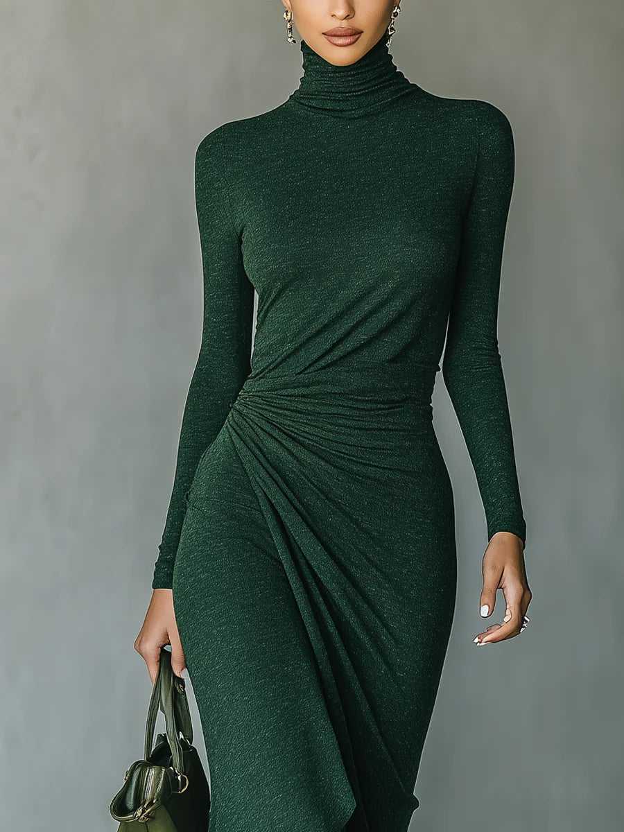 Lenora™ - Asymmetric wrap midi dress with pleats and high collar in dark green