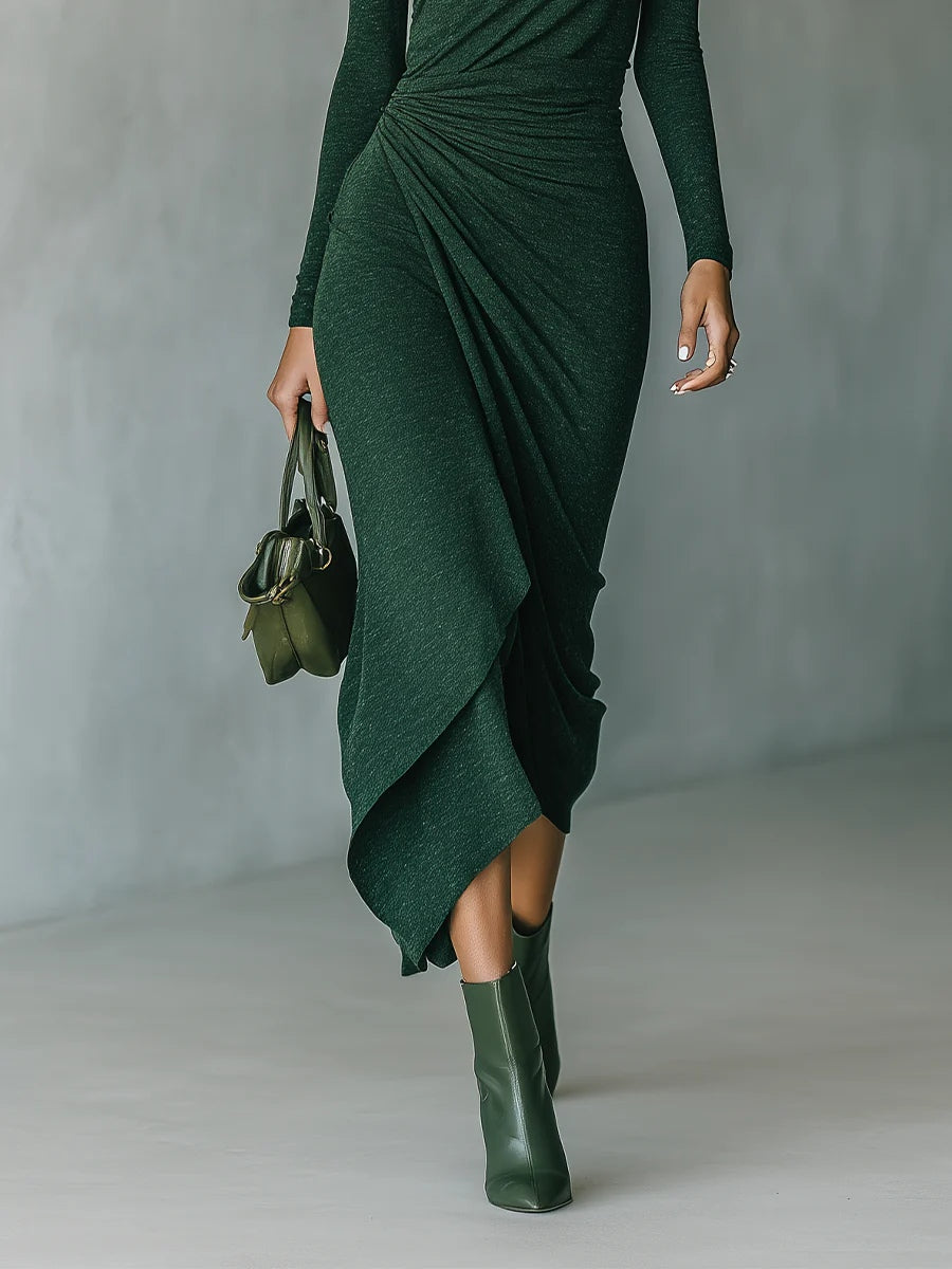 Lenora™ - Asymmetric wrap midi dress with pleats and high collar in dark green