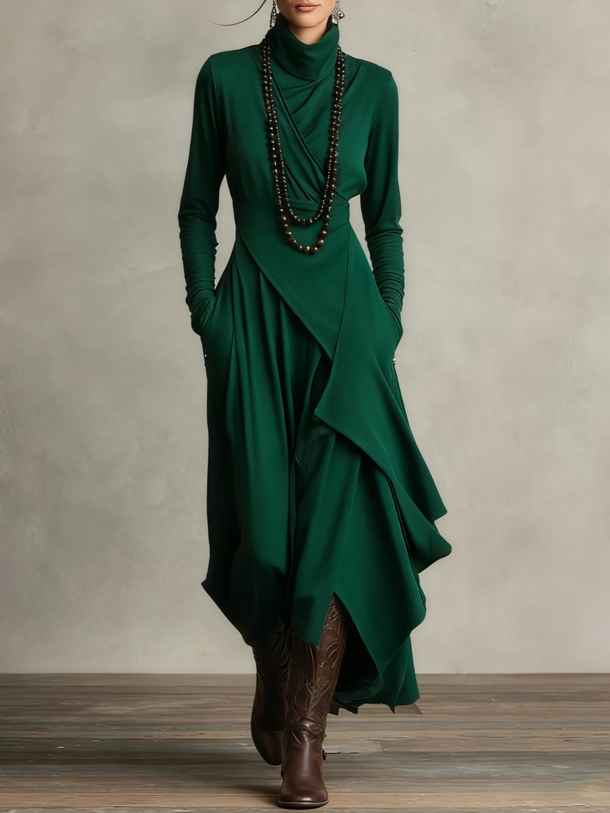 Giorgia™ - Asymmetrical Maxi Pleated Dress in Purple with High Neck (Necklace not included)