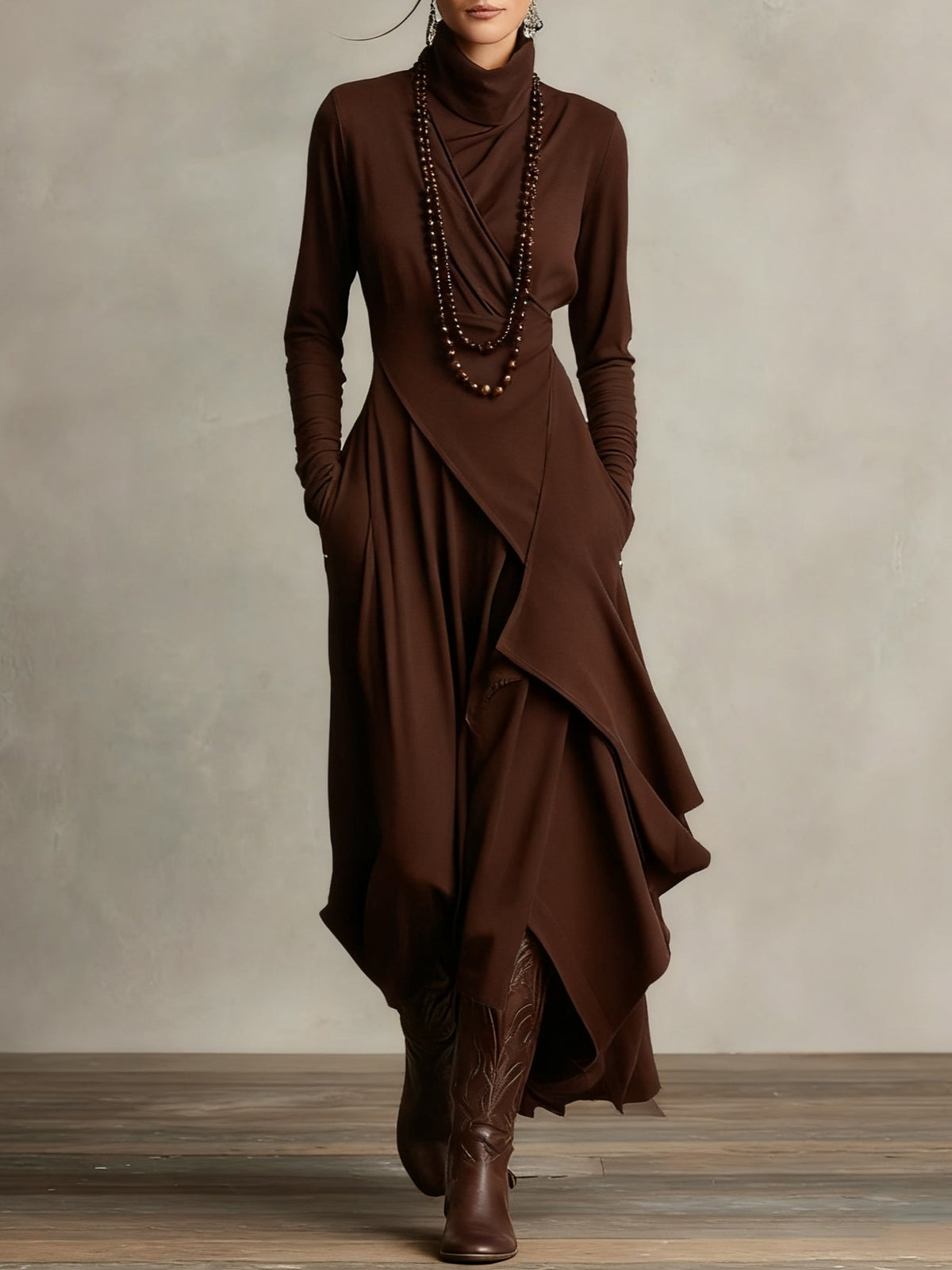 Giorgia™ - Asymmetrical Maxi Pleated Dress in Purple with High Neck (Necklace not included)