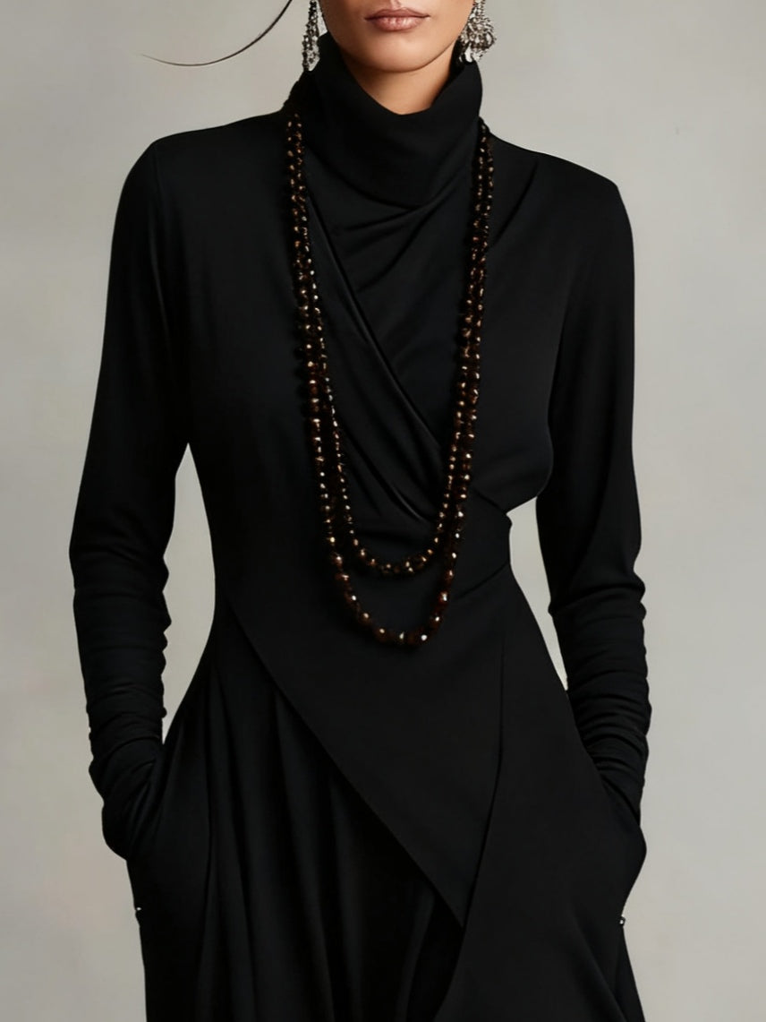 Giorgia™ - Asymmetrical Maxi Pleated Dress in Purple with High Neck (Necklace not included)