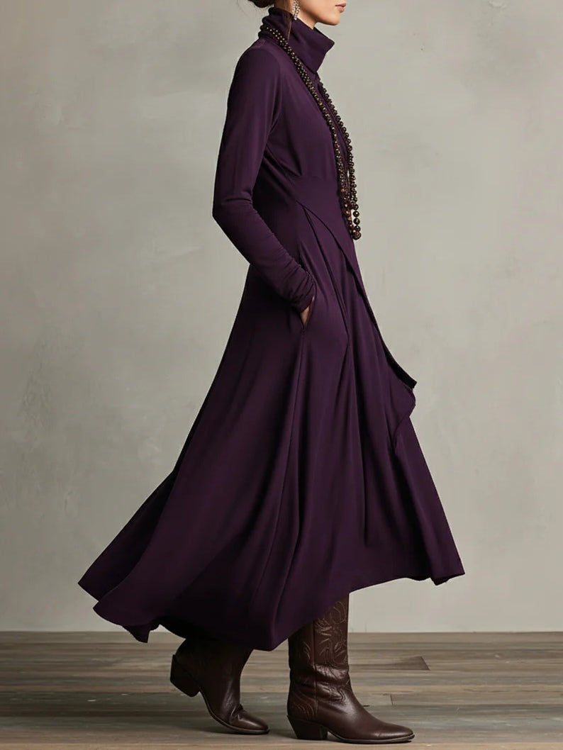 Giorgia™ - Asymmetrical Maxi Pleated Dress in Purple with High Neck (Necklace not included)