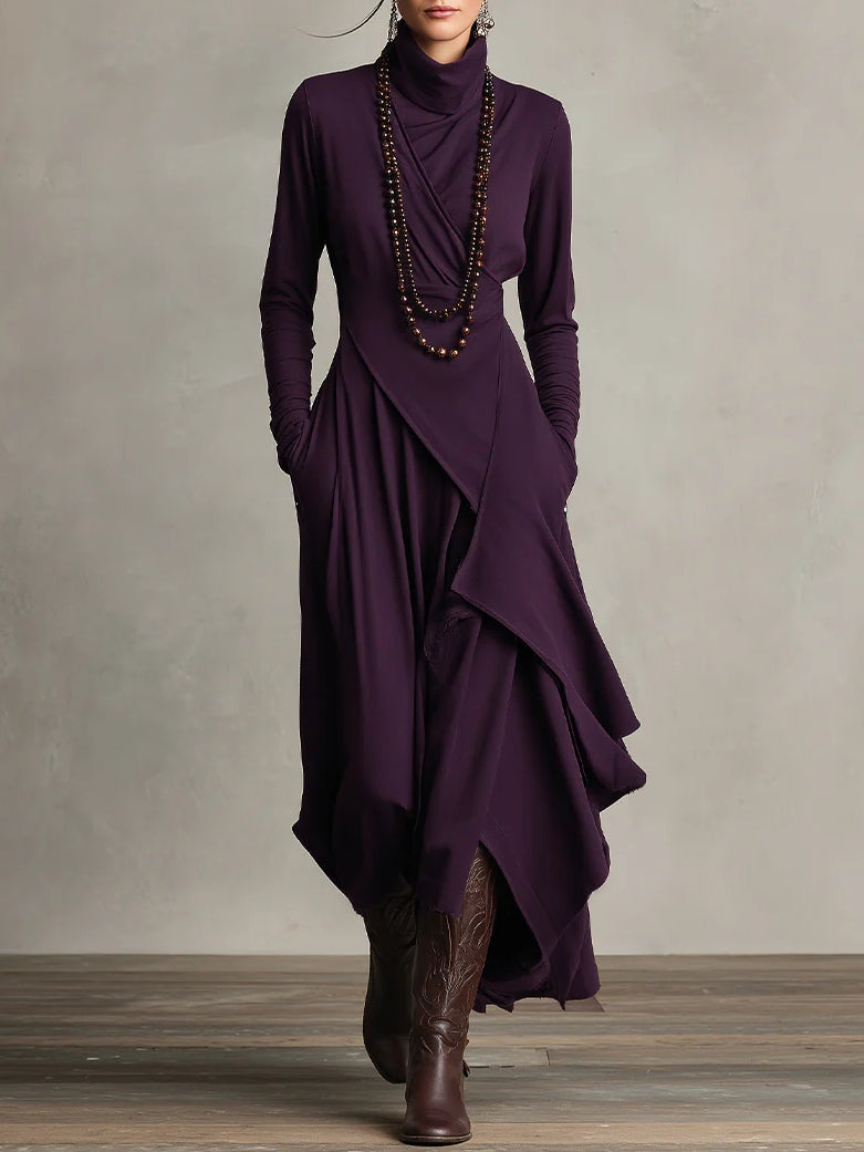 Giorgia™ - Asymmetrical Maxi Pleated Dress in Purple with High Neck (Necklace not included)