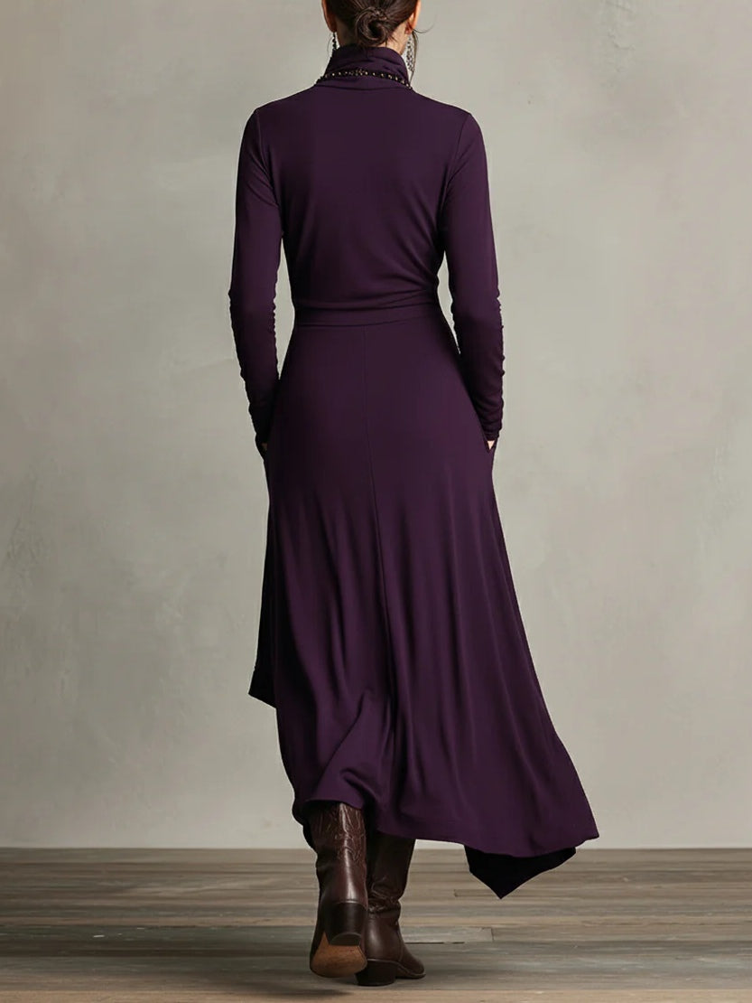 Giorgia™ - Asymmetrical Maxi Pleated Dress in Purple with High Neck (Necklace not included)
