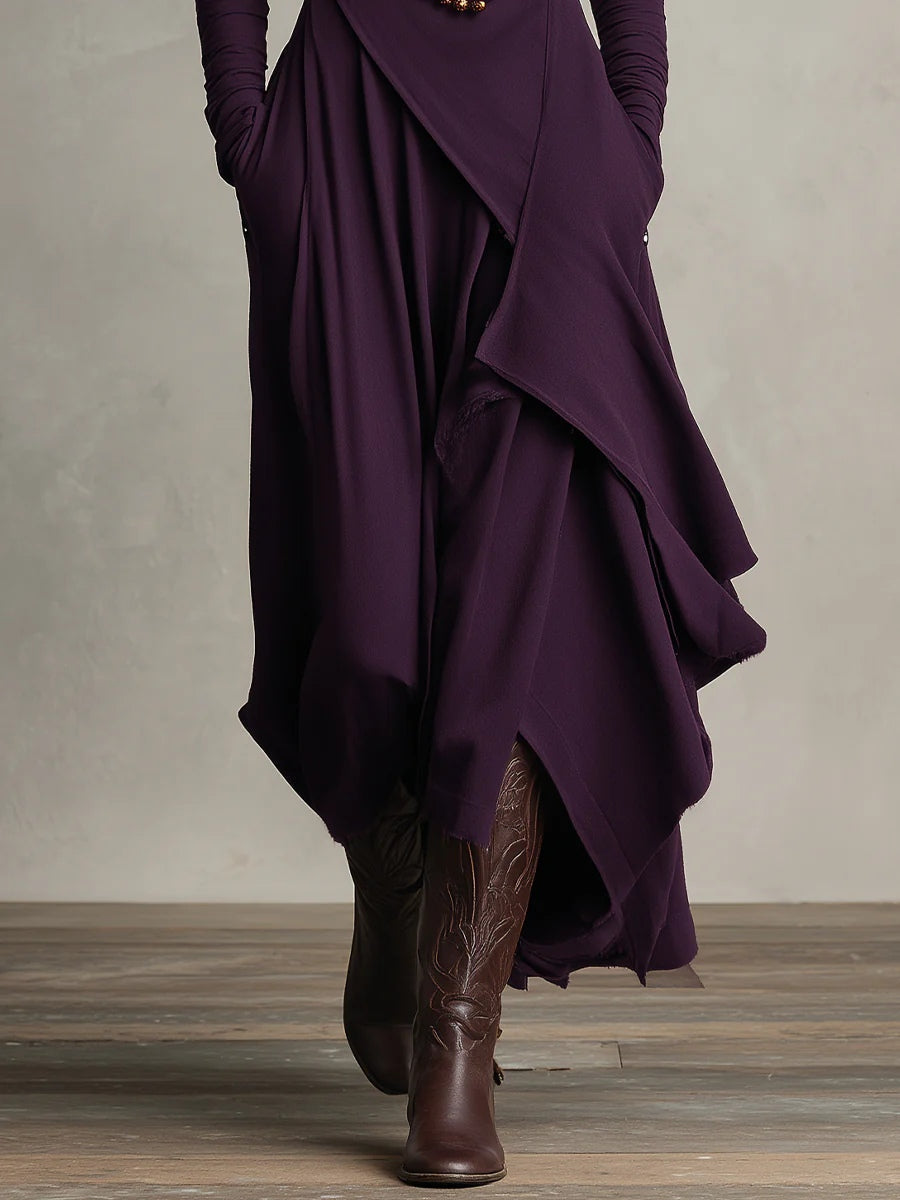 Giorgia™ - Asymmetrical Maxi Pleated Dress in Purple with High Neck (Necklace not included)