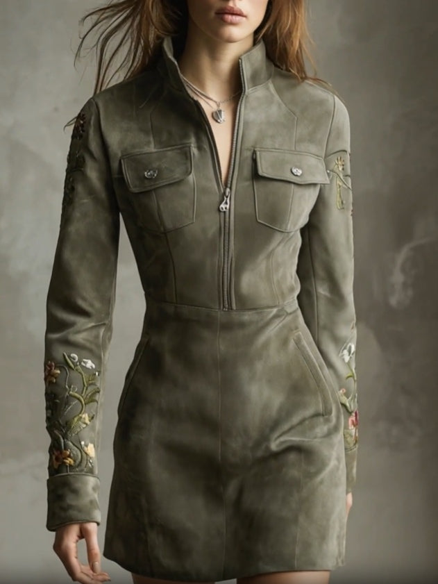 Mini Dress Half Zip in Embroidered Synthetic Suede Green