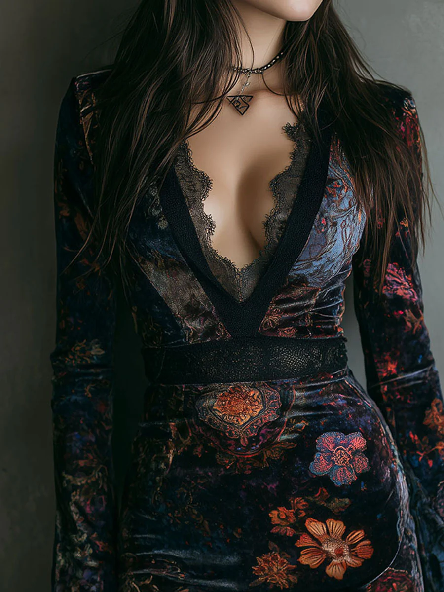 Mini Slim-fit Velvet Dress with Floral Print and Lace