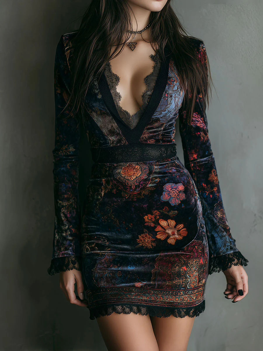 Mini Slim-fit Velvet Dress with Floral Print and Lace