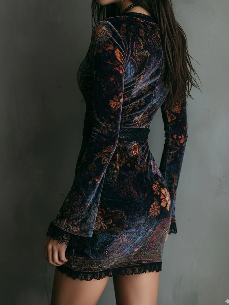 Mini Slim-fit Velvet Dress with Floral Print and Lace