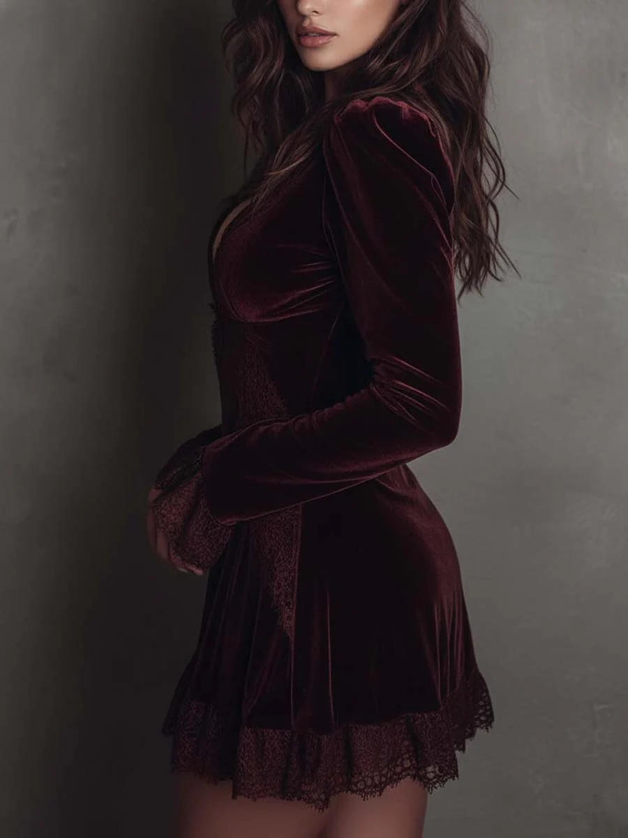 Burgundy Velvet Mini Dress with Lace