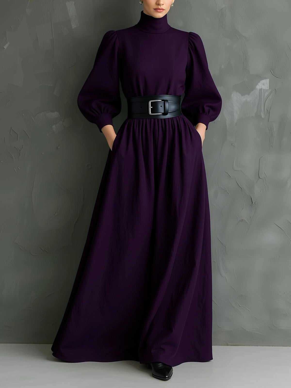 Isabella™ - Elegant long fitted dress with high collar and long sleeves in dark purple (with belt)