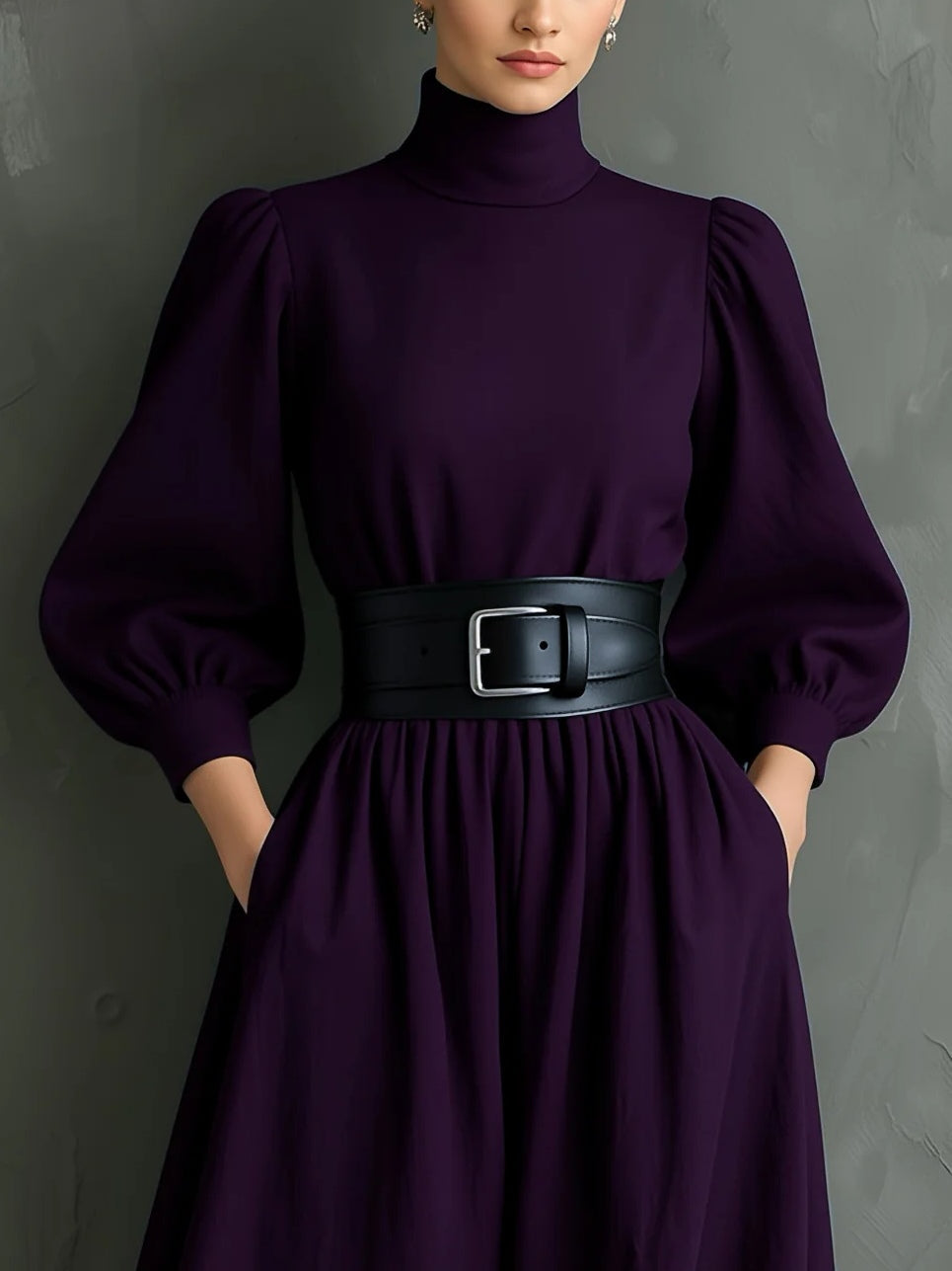 Isabella™ - Elegant long fitted dress with high collar and long sleeves in dark purple (with belt)