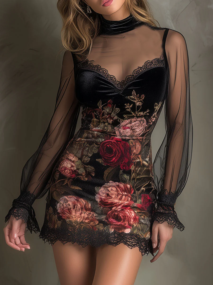 Mini Dress in Tulle with Velvet Rose Print and Lace Trim