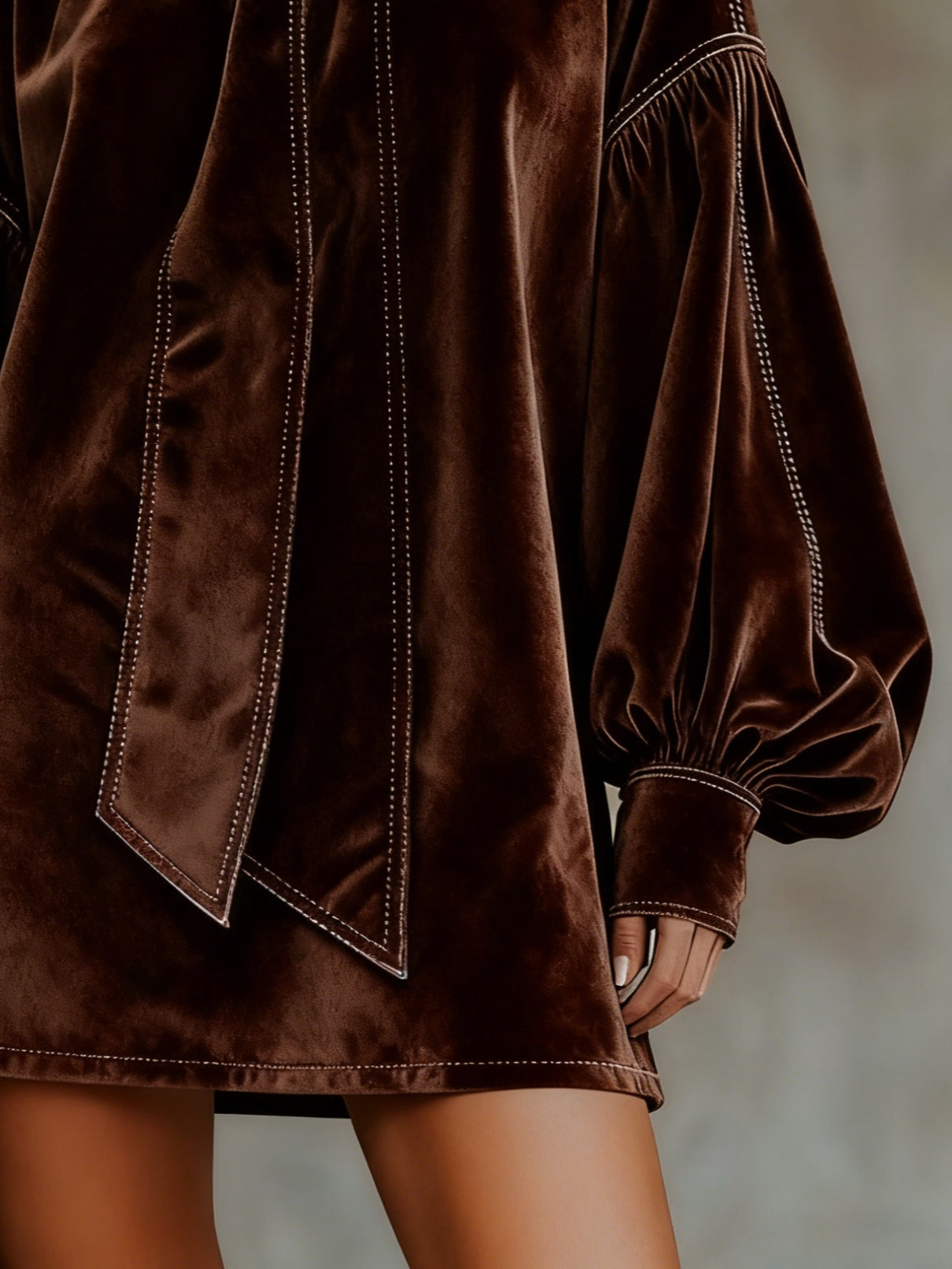 Dark Brown Velvet Mini Dress with Puff Sleeves