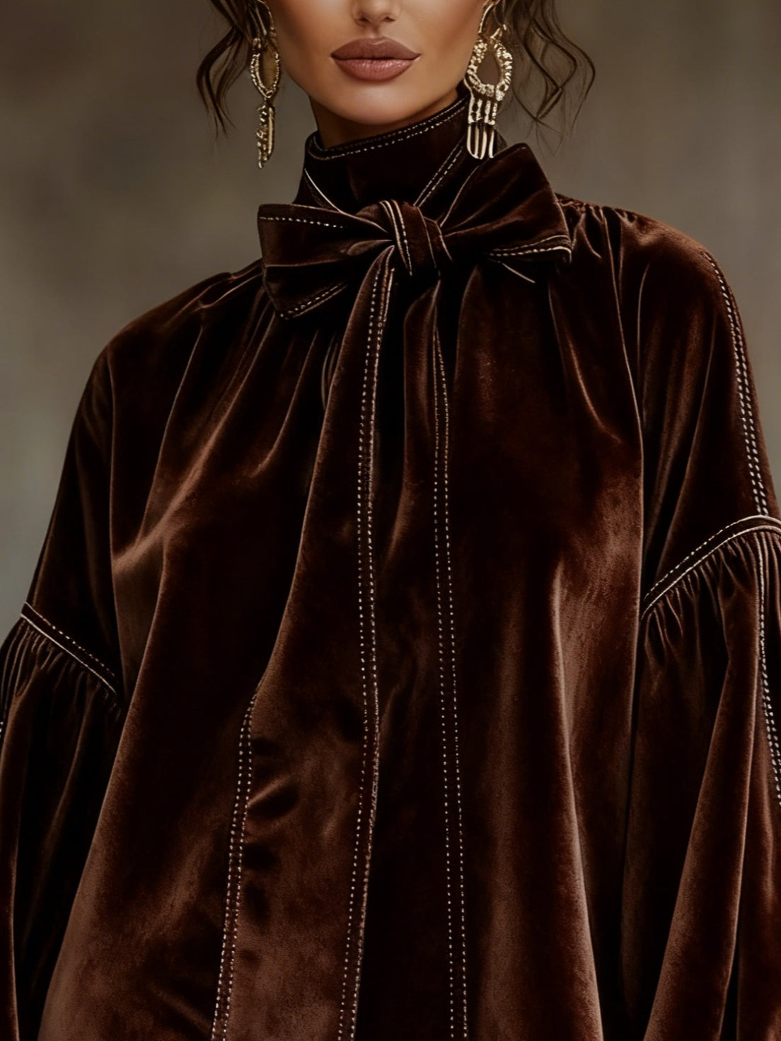 Dark Brown Velvet Mini Dress with Puff Sleeves