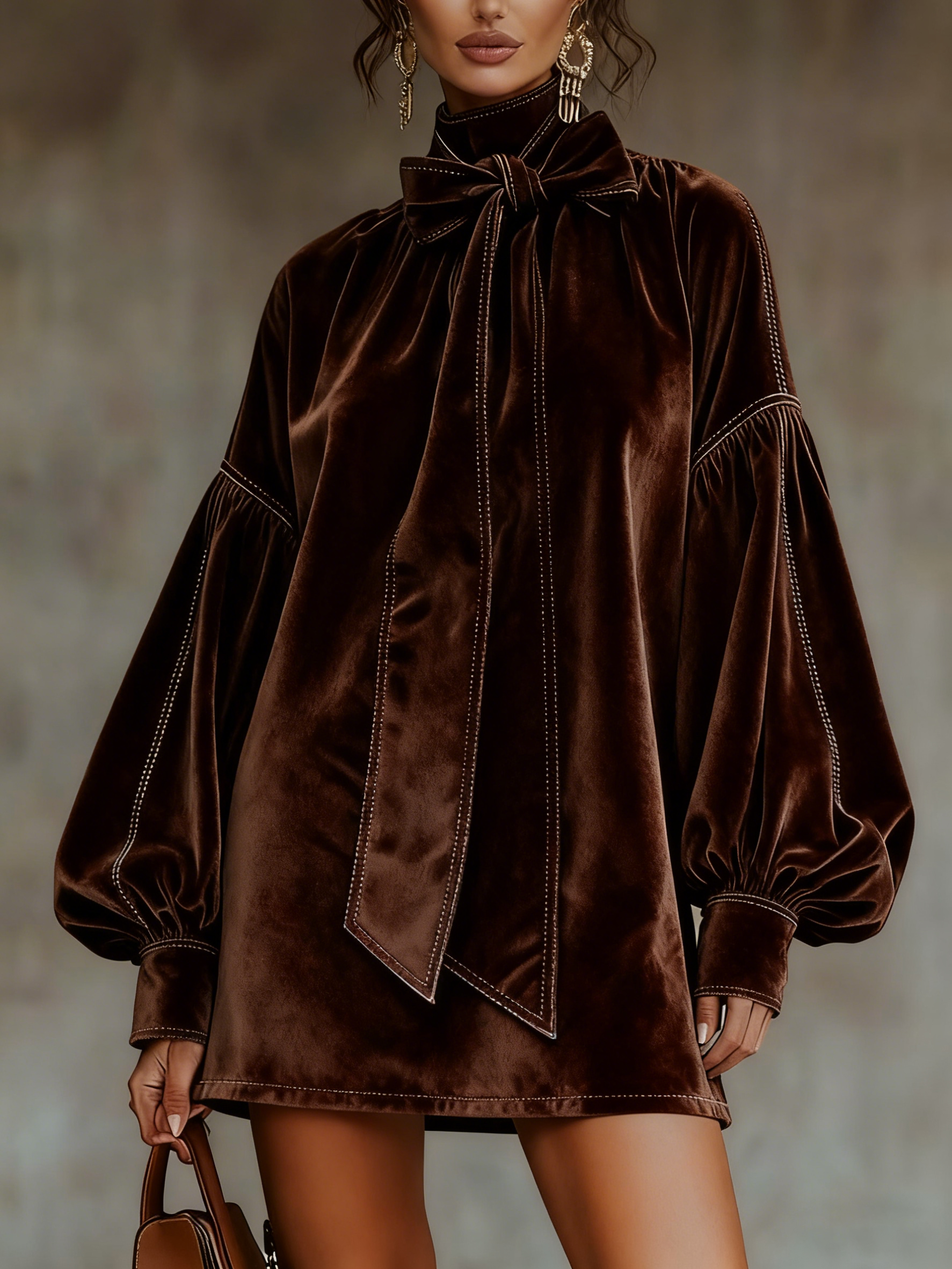 Dark Brown Velvet Mini Dress with Puff Sleeves