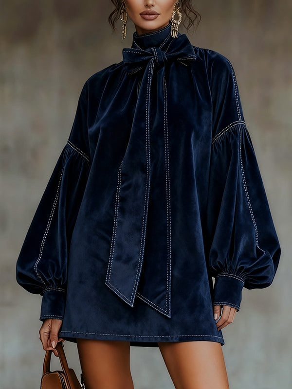 Dark Blue Velvet Mini Dress with Lantern Sleeves