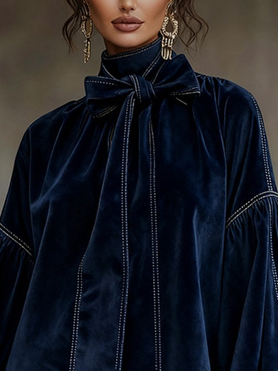 Dark Blue Velvet Mini Dress with Lantern Sleeves