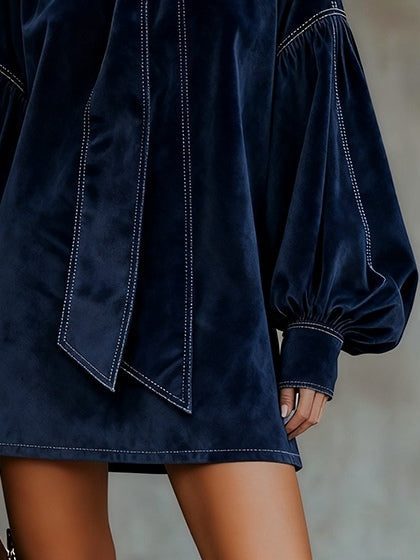Dark Blue Velvet Mini Dress with Lantern Sleeves