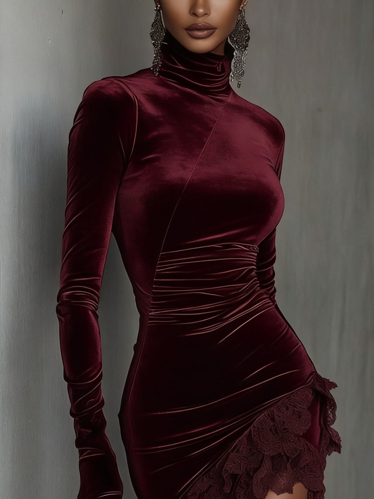 Mini Fitted Dress in Burgundy Velvet with High Collar and Lace Hem