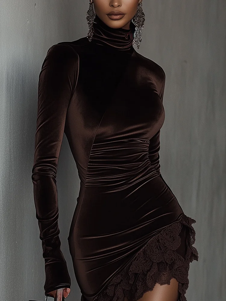 Mini Fitted Dress in Chocolate Velvet with High Neck and Lace Trim