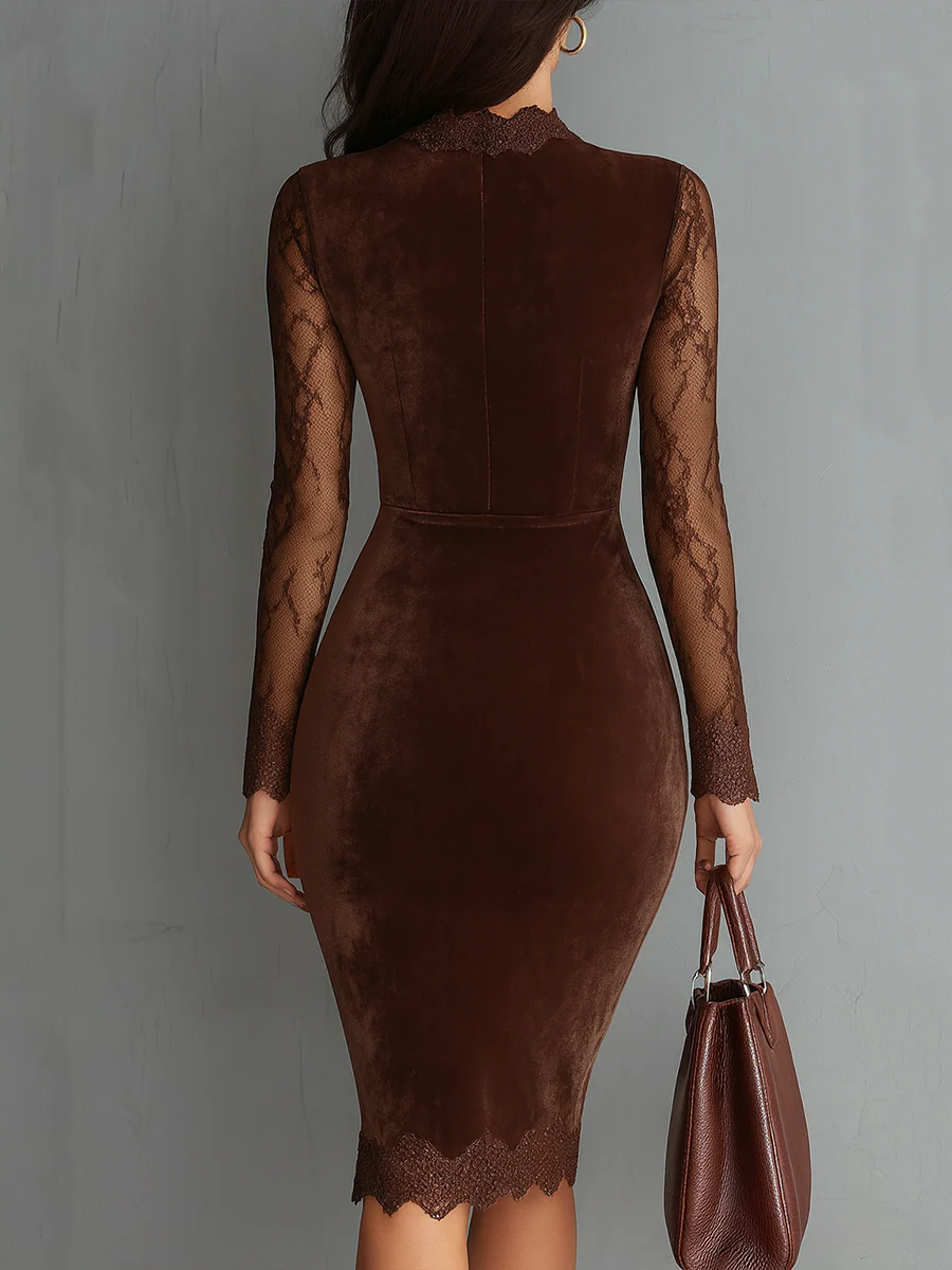 Mini Velvet Dress with Lace Sleeves and Vintage Keyhole Brown