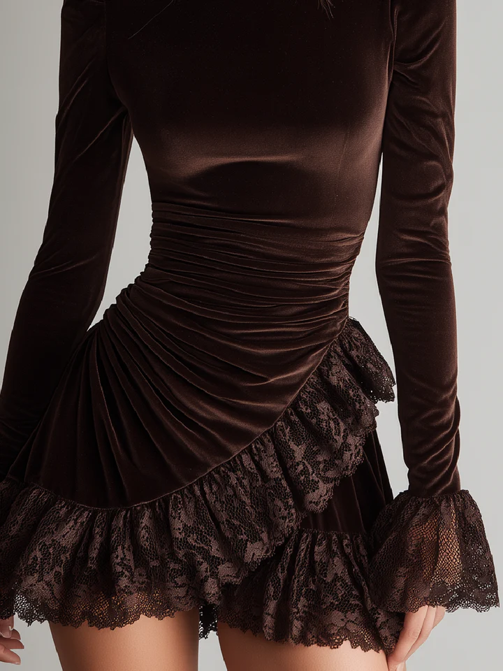 Brown Velvet Mini Dress with High Collar and Ruffled Lace Hem