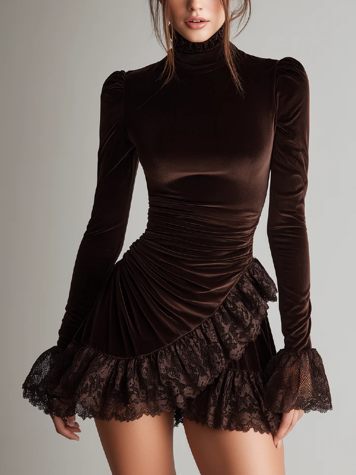 Brown Velvet Mini Dress with High Collar and Ruffled Lace Hem