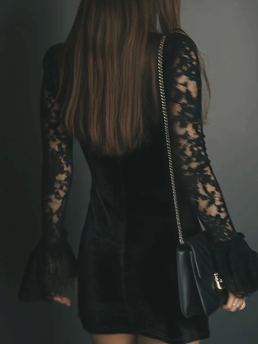 Black Velvet Mini Dress with Bell Sleeves