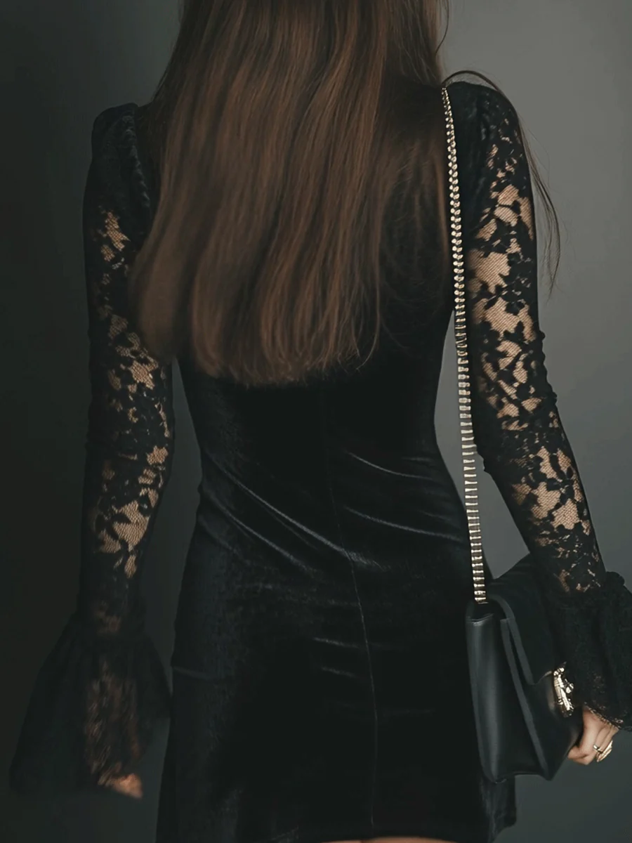 Black Velvet Mini Dress with Bell Sleeves