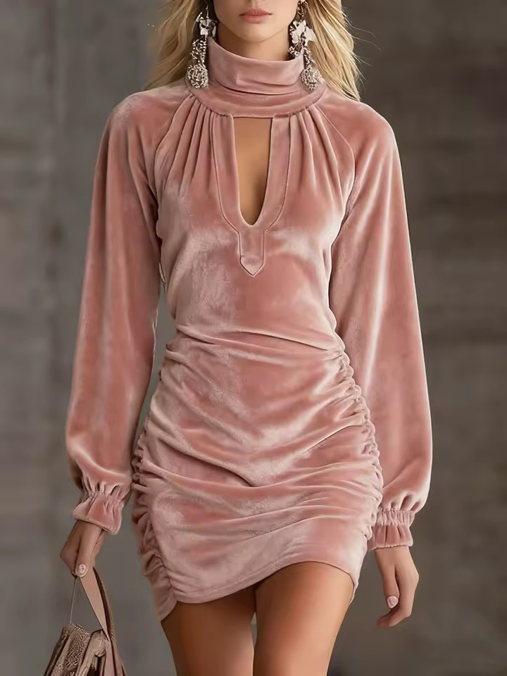 Mini Ruffled Velvet Dress with High Neck and Cutout