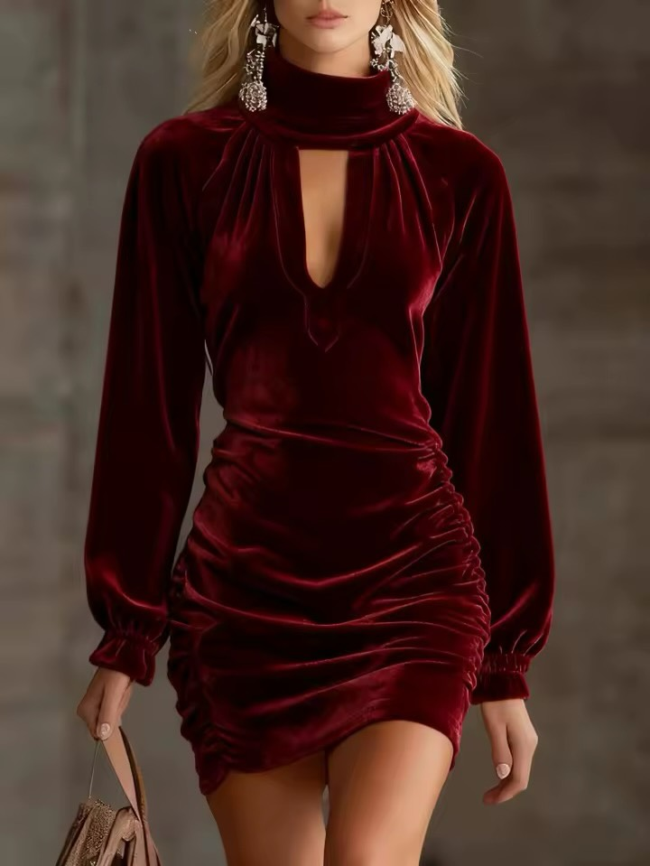 Mini Ruched Velvet Dress with High Neck and Cutout
