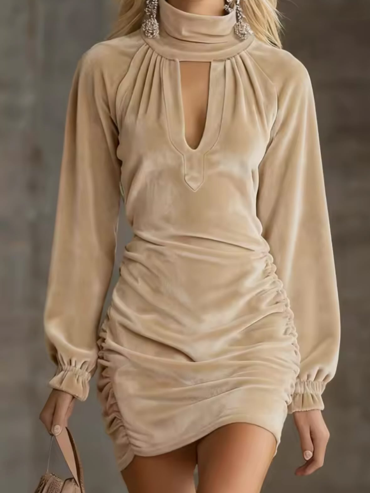 Mini Ruched Velvet Dress with High Neck and Cutout