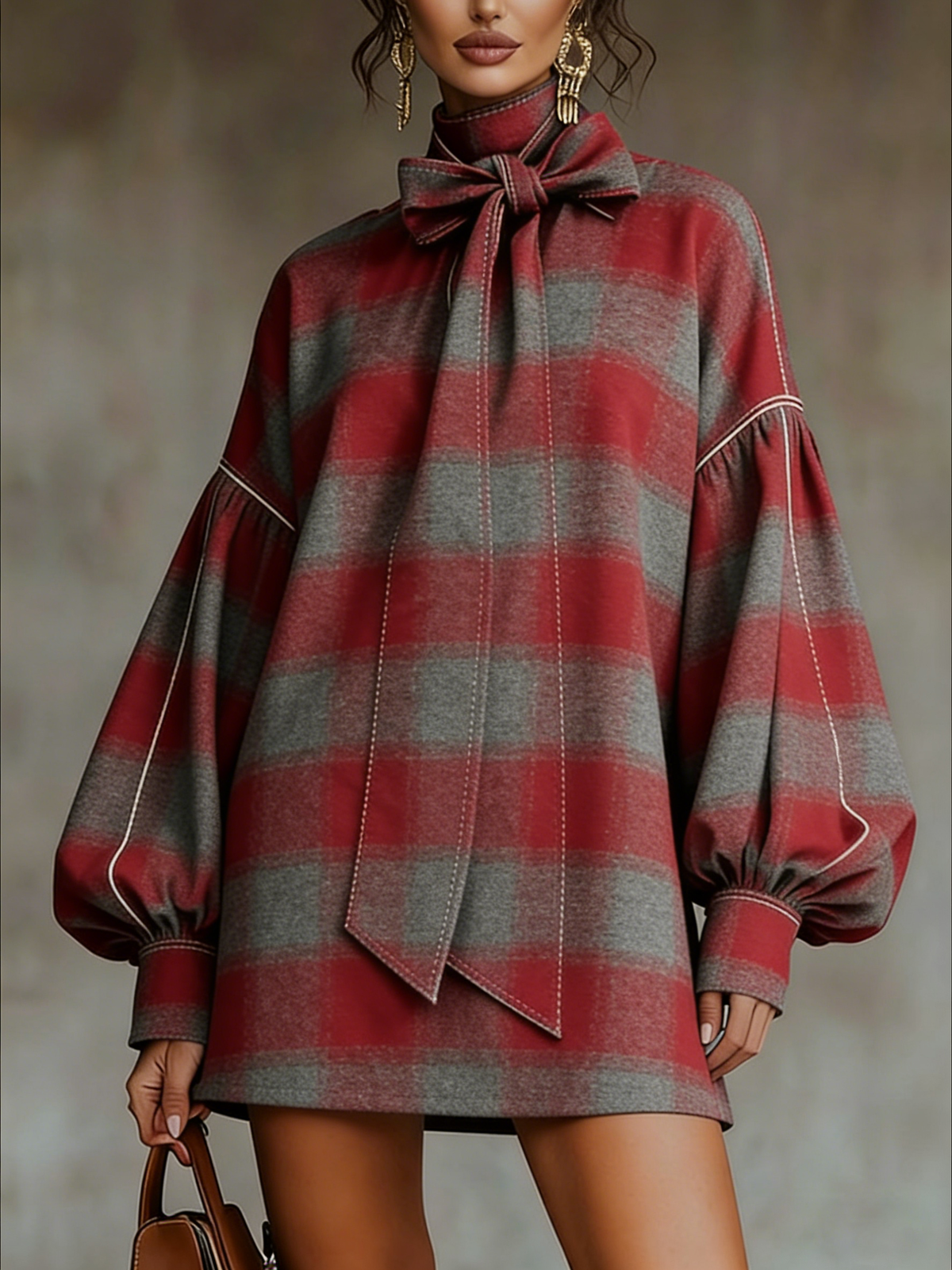 Red and Gray Plaid Lantern Sleeve Mini Dress